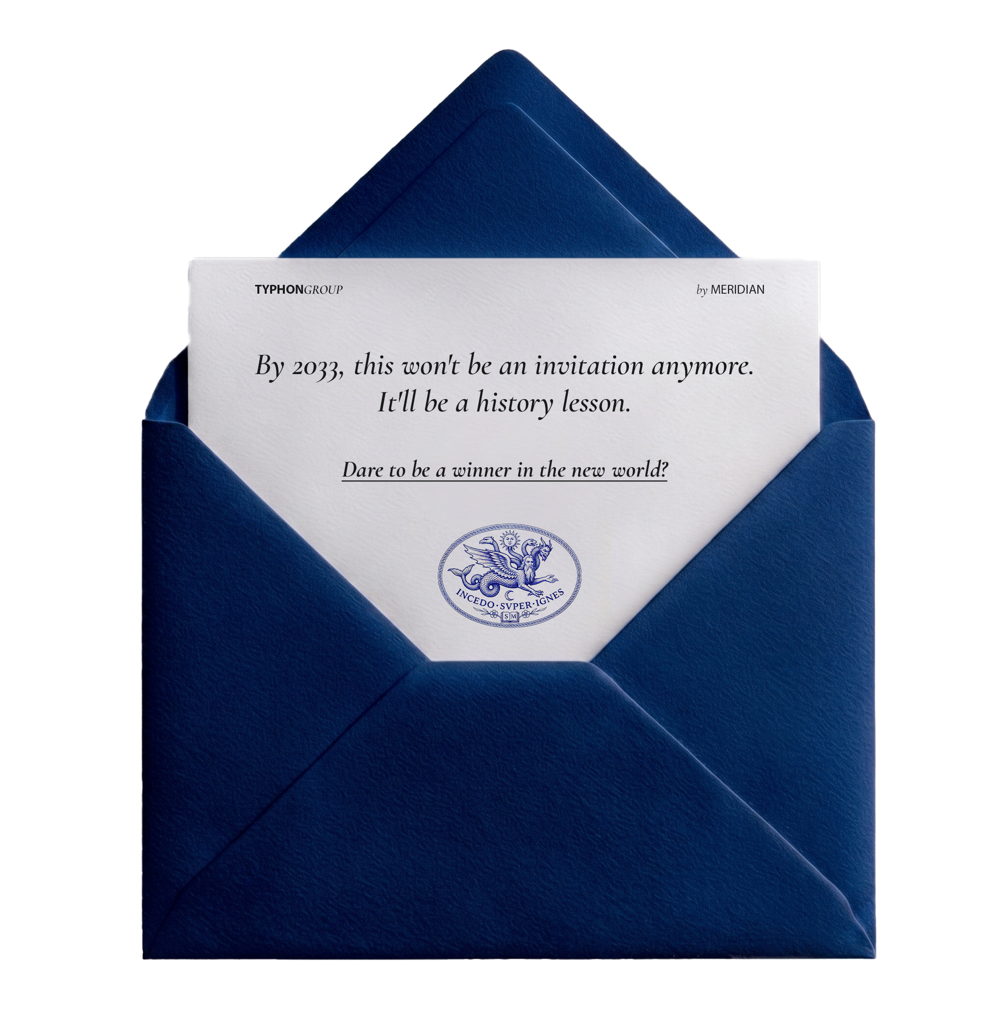 Typhon Group invitation — open royal blue envelope with letter